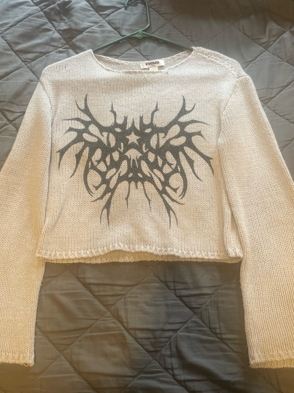 Women’s Grey Knitted Crop Sweater with Black Graphic Design